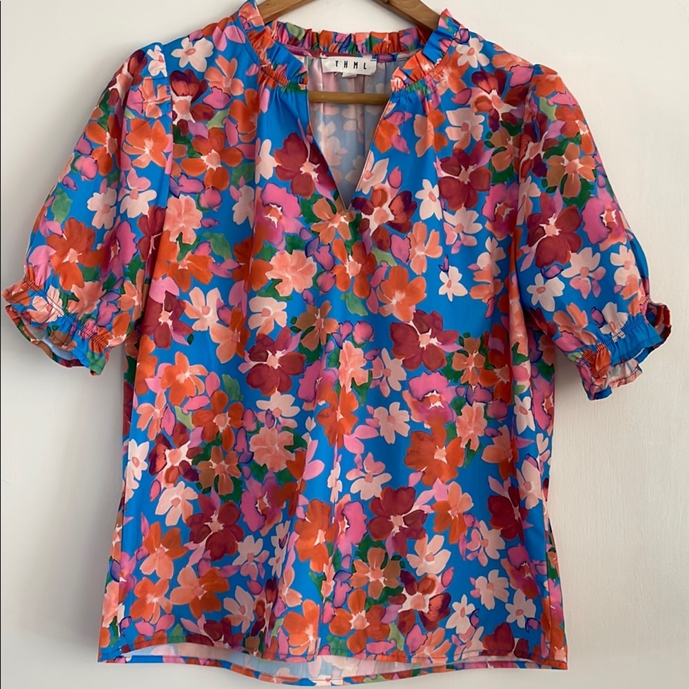 THML Floral Blouse - Blue, Pink, and Orange